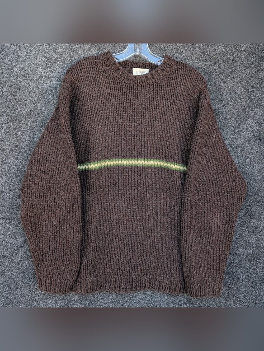 Vtg J Crew Sweater Large Tall Brown Hand Knit Wool Stripe Chunky Crew Fisherman